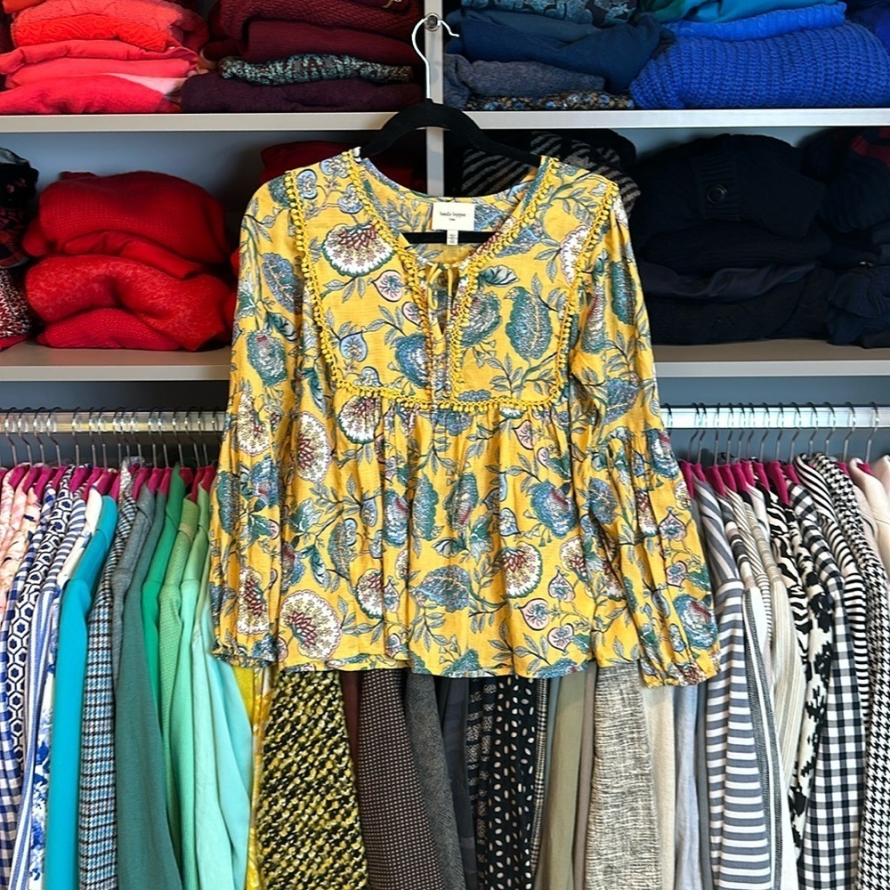 Haute Hippie yellow/blue/pink boho style long sleeve blouse size XXS
